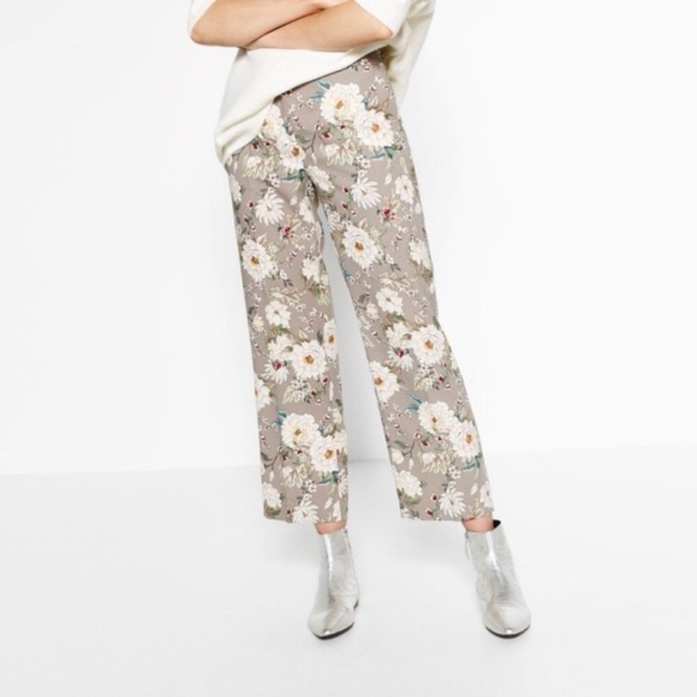 Zara Gray Floral Straight Leg Pants